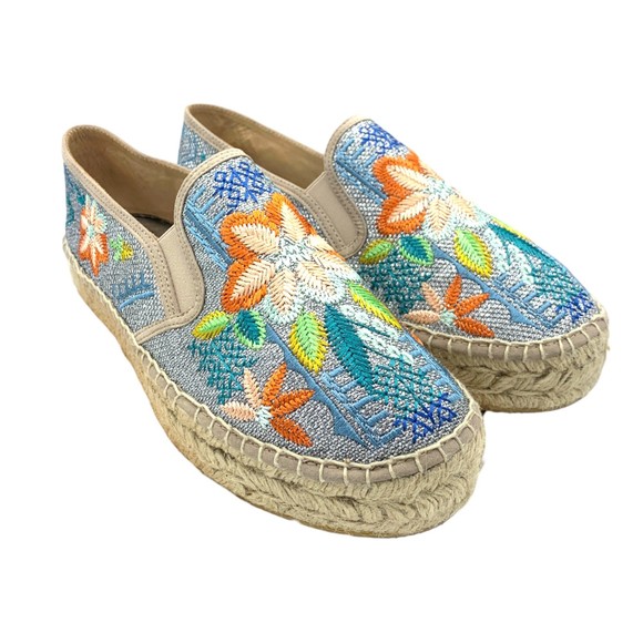 Johnny Was Silver Metallic Floral Embroidered Elysia Espadrilles Size 41 - Picture 1 of 10